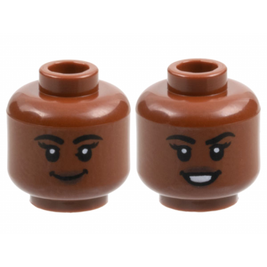 reddish brown minifigure head dual sided female black eyebrows dark brown lips grin open mouth smile pattern