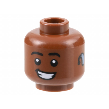 reddish brown minifigure head black eyebrows lopsided smile with teeth bright light blue hearing aid on left pattern