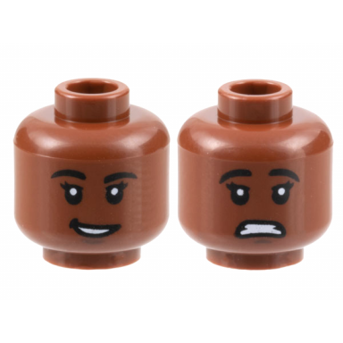 reddish brown minifigure head dual sided female black eyebrows dark brown chin dimple open mouth lopsided smile scared pattern