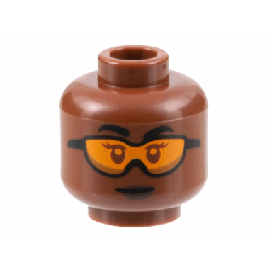 reddish brown minifigure head female black eyebrows orange goggles dark brown lips pattern