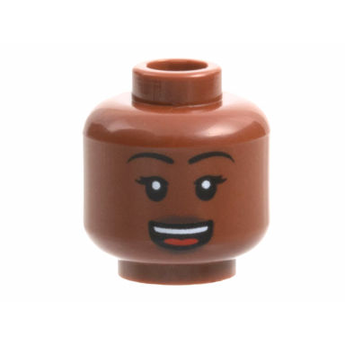 reddish brown minifigure head female black eyebrows dark brown lips open mouth smile with teeth and tongue pattern