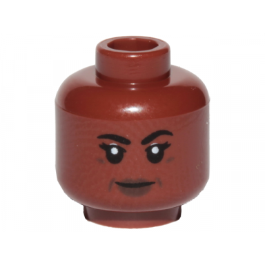 reddish brown minifigure head female black eyebrows and eyelashes dark brown lips and closed mouth smile pattern