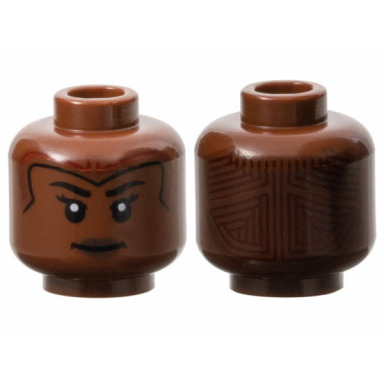 reddish brown minifigure head female pearl gold and dark red tiara black eyebrows dark brown lips tattoo on back pattern