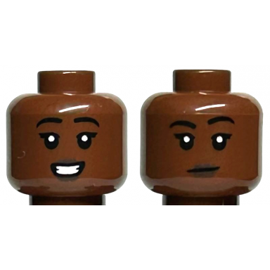 reddish brown minifigure head dual sided female black eyebrows dark brown lips open mouth smile with teeth neutral pattern