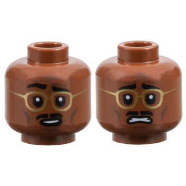 reddish brown minifigure head dual sided black eyebrows and moustache gold glasses dark brown cheek lines and chin dimple worried with raised eyebrow right scared pattern