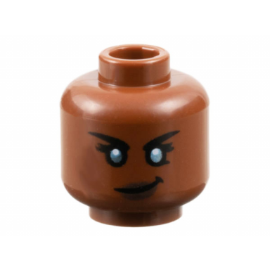 reddish brown minifigure head female black eyebrows and eyelashes metallic light blue eyes dark brown lips lopsided grin pattern