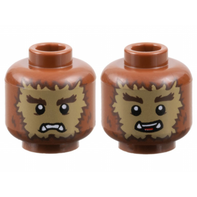 reddish brown minifigure head dual sided alien dark brown bushy eyebrows and fur dark tan face lower fangs scowl open mouth smile with top teeth and red tongue pattern