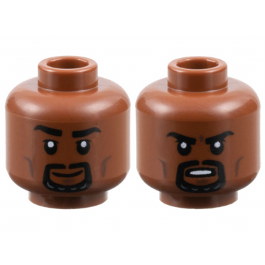 reddish brown minifigure head dual sided black eyebrows and goatee dark brown cheek lines and chin dimple grin open mouth scowl with teeth pattern