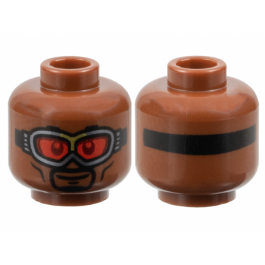 reddish brown minifigure head silver goggles with red lenses and black band wide eyes narrow mouth thin beard pattern