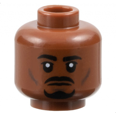 reddish brown minifigure head black eyebrows moustache and goatee dark brown cheek lines and chin dimple neutral pattern