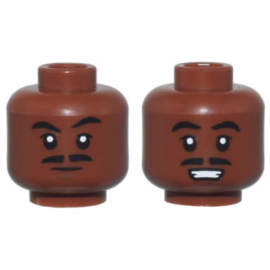 reddish brown minifigure head dual sided black eyebrows upper eyelids and split moustache dark brown chin dimple neutral open mouth smile with teeth pattern