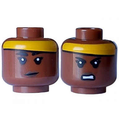 reddish brown minifigure head dual sided female black eyebrows eyelashes dark brown lips bright light orange headband grin angry bared teeth pattern