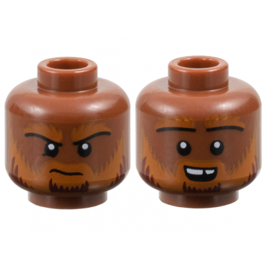 reddish brown minifigure head dual sided dark orange eyebrows and beard with dark red highlights frown open mouth smile with top teeth pattern