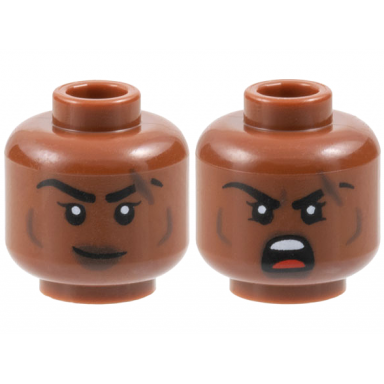 reddish brown minifigure head dual sided female black eyebrows dark brown lips cheek lines and scar lopsided grin open mouth scowl pattern