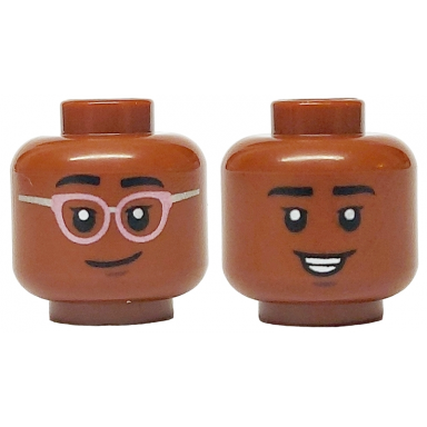 reddish brown minifigure head dual sided female black eyebrows and eyelashes metallic pink and silver glasses closed mouth smile open mouth grin with teeth no glasses pattern