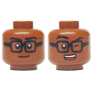 reddish brown minifigure head dual sided black eyebrows and square glasses closed mouth smile wink open mouth with teeth and red tongue pattern