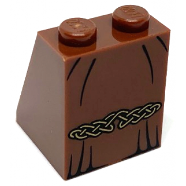 reddish brown slope 65 2 x 2 x 2 with bottom tube with minifigure dress skirt robe with black creases and gold celtic knot pattern