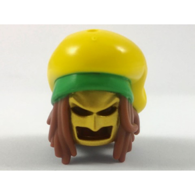 reddish brown minifigure hair combo long dreadlocks gold batman cowl large floppy hat with bright green rim and red splotch pattern