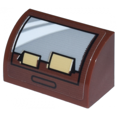 reddish brown slope curved 1 x 2 with display case with light bluish gray glass and tan folded cards pattern sticker - set 21341