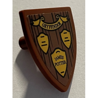 reddish brown minifigure shield triangular short with gryffindor banner james potter plaque on wood grain background pattern sticker - set 76395