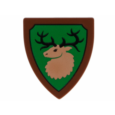 reddish brown minifigure shield triangular short with forestmen elk deer head on green background with black outline pattern