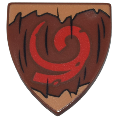 reddish brown minifigure shield triangular short with black wood grain medium nougat jagged edges and red spiral pattern the legend of zelda deku shield