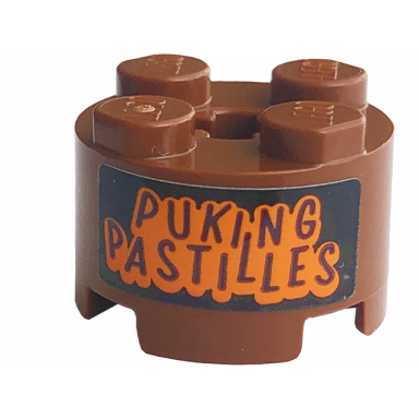 reddish brown brick round 2 x 2 with axle hole with puking pastilles pattern sticker - set 76422