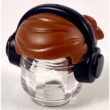 reddish brown minifigure hair short with 2 locks on left side with black headphones pattern