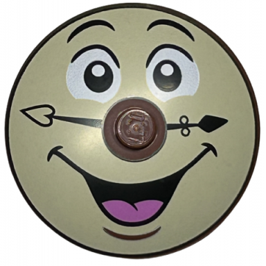 reddish brown dish 4 x 4 inverted radar with solid stud with black eyebrows and clock hands white eyes and open mouth smile with dark pink tongue on tan background pattern cogsworth face