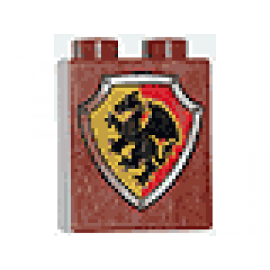 reddish brown duplo brick 1 x 2 x 2 with shield - dragon with yellow and red background pattern