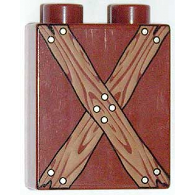 reddish brown duplo brick 1 x 2 x 2 with nailed crossed wooden boards pattern