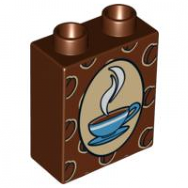 reddish brown duplo brick 1 x 2 x 2 with coffee beans and cup and saucer pattern