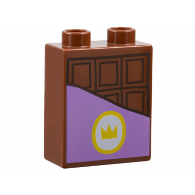 reddish brown duplo brick 1 x 2 x 2 with chocolate bar medium lavender label with gold oval and crown pattern