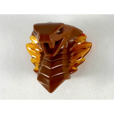 reddish brown minifigure head modified snake cobra with open mouth with molded trans-orange eyes tongue and flames on open hood pattern