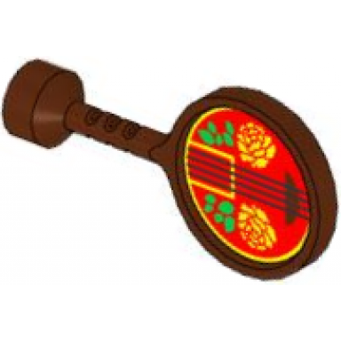 reddish brown duplo utensil round sign with handle with red sound board black strings yellow flowers and bright green leaves pattern musical instrument ruan moon guitar
