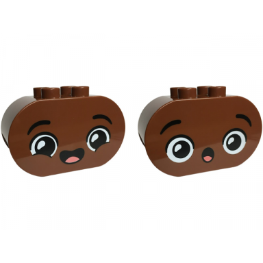 reddish brown duplo brick 2 x 4 x 2 rounded ends with faces with black eyebrows coral tongue open mouth smile surprised pattern