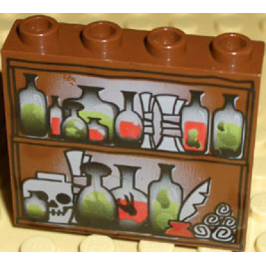 reddish brown panel 1 x 4 x 3 - hollow studs with potions scrolls and skull on shelves pattern