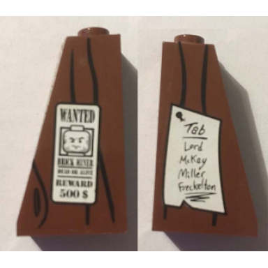 reddish brown slope 75 2 x 1 x 3 with wood grain and wanted reward 500 $ on right and tab lord mckay miller freckelton on left pattern stickers - set 70812