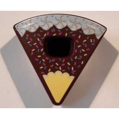 reddish brown minifigure headgear head cover costume wedge slice with cake with sprinkles white and bright light yellow frosting pattern bam