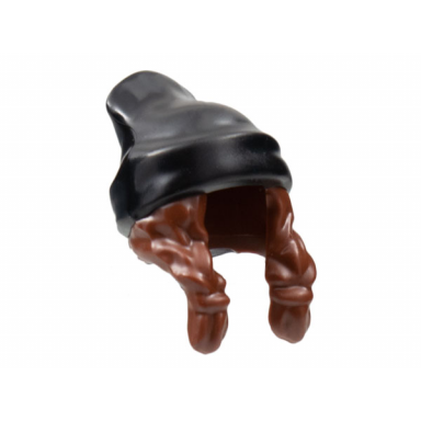 reddish brown minifigure hair combo hair with hat 2 braids over shoulders with molded black beanie pattern