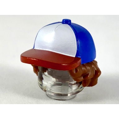 reddish brown minifigure hair combo hair with hat bushy hair with blue ball cap with white front and red bill pattern
