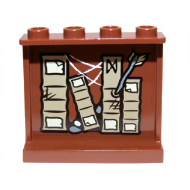 reddish brown panel 1 x 4 x 3 with side supports - hollow studs with books cobweb stones and arrow right pattern on inside sticker - set 9473