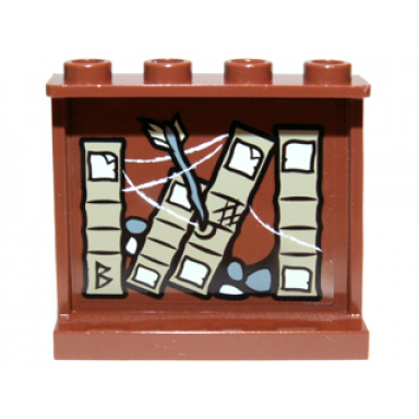 reddish brown panel 1 x 4 x 3 with side supports - hollow studs with books cobweb stones and arrow left pattern on inside sticker - set 9473
