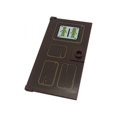 reddish brown door 1 x 4 x 6 with stud handle with lime male and female mini doll silhouettes unisex restroom on wood panel pattern sticker - set 41379
