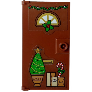 reddish brown door 1 x 4 x 6 with stud handle with gold window and letterbox christmas decoration medium nougat and tan presents green christmas tree pattern stickers - set 4002023