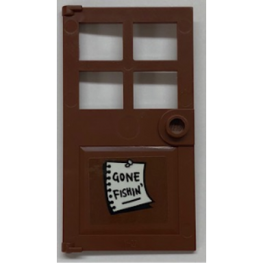 reddish brown door 1 x 4 x 6 with 4 panes and stud handle with gone fishin pattern sticker - set 21310