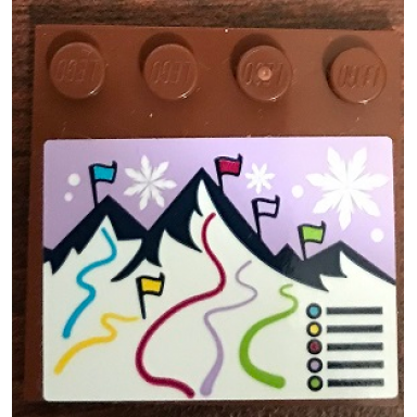 reddish brown tile modified 4 x 4 with studs on edge with snowflakes mountains flags and ski trails pattern sticker - set 41324