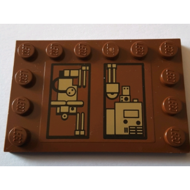 reddish brown tile modified 4 x 6 with studs on edges with gold mechanical pattern model right side sticker - set 75059