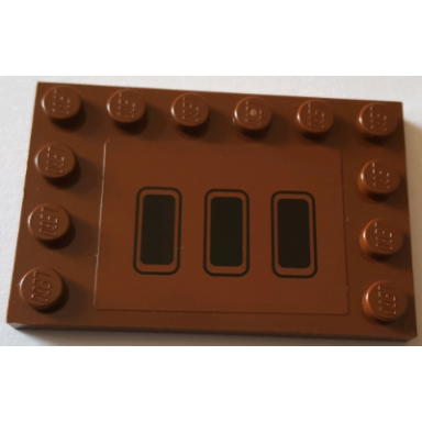 reddish brown tile modified 4 x 6 with studs on edges with three black rectangular air vents pattern sticker - set 75059