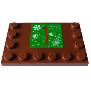 reddish brown tile modified 4 x 6 with studs on edges with red number 1 and white snowflakes on green square pattern sticker - set 4002023